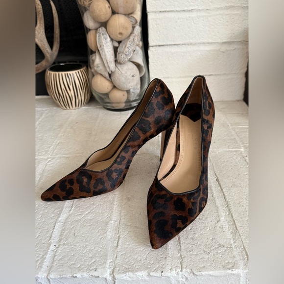 Sandro Paris Brown/Black Leopard Print Fur Leather Pointed-Toe Pumps Size 5.5 - Picture 5 of 7